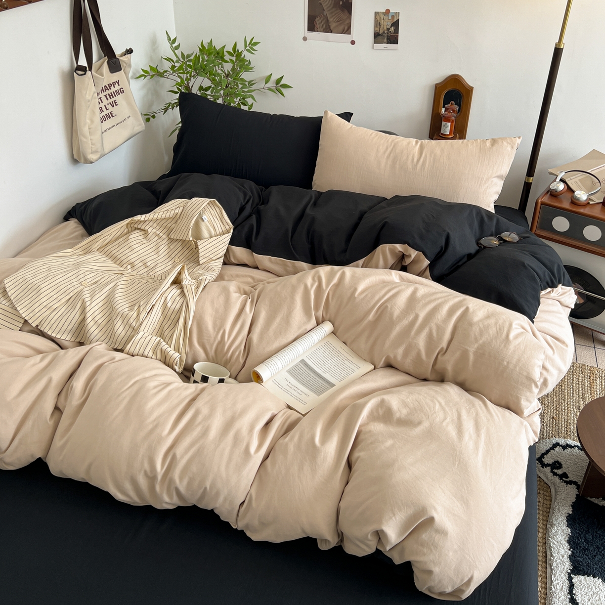 梦嘉居 2026新款亲肤纯色AB版水洗皱皱棉四件套学生宿舍床单床笠三件套 奶驼+暗夜黑