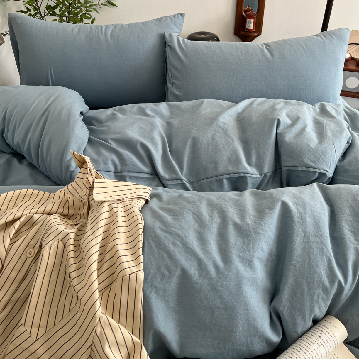 91家纺网 家纺一手货源 找家纺 梦嘉居 2026新款亲肤纯色AB版水洗皱皱棉四件套学生宿舍床单床笠三件套 雾兰