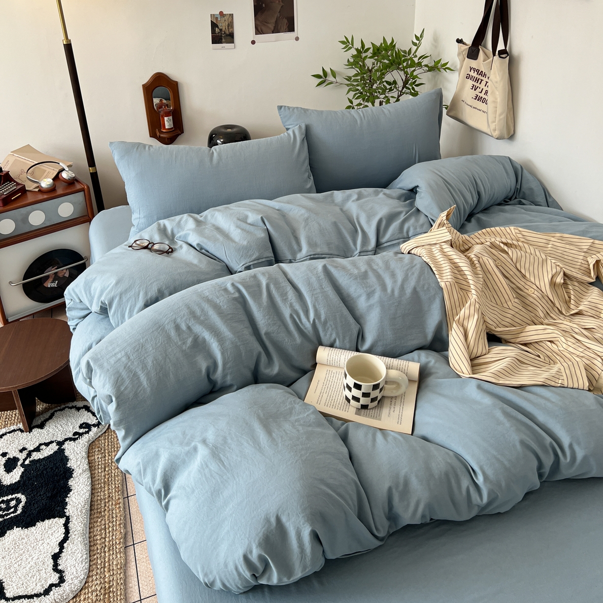 91家纺网 家纺一手货源 找家纺 梦嘉居 2026新款亲肤纯色AB版水洗皱皱棉四件套学生宿舍床单床笠三件套 雾兰