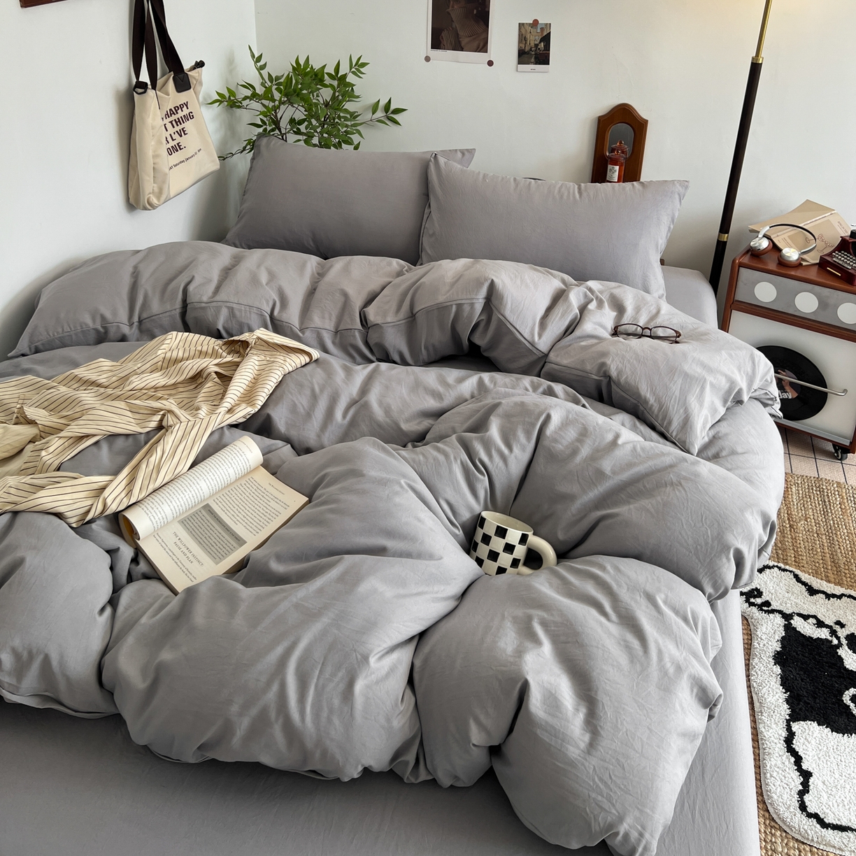 梦嘉居 2026新款亲肤纯色AB版水洗皱皱棉四件套学生宿舍床单床笠三件套 星空灰