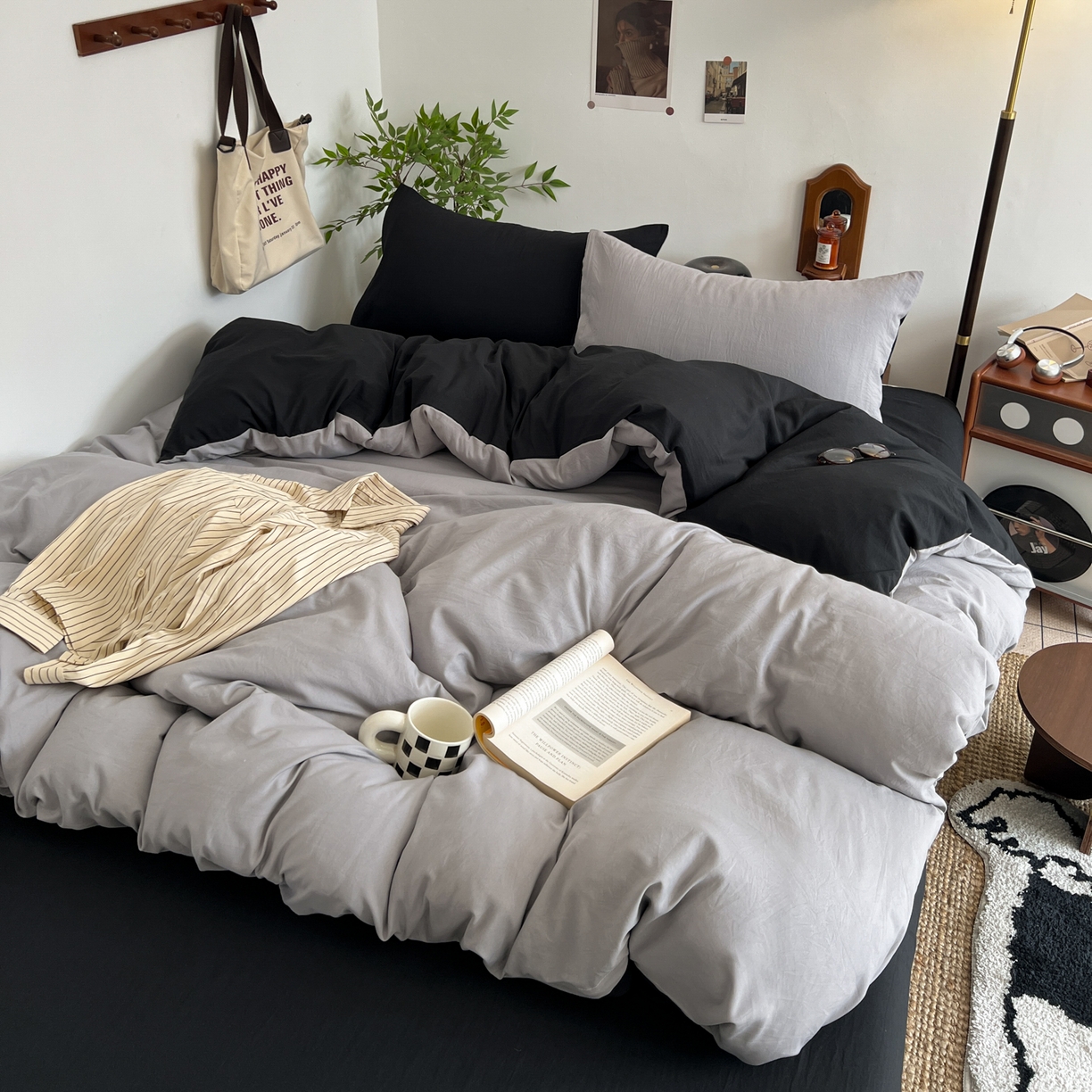 梦嘉居 2026新款亲肤纯色AB版水洗皱皱棉四件套学生宿舍床单床笠三件套 星空灰+暗夜黑