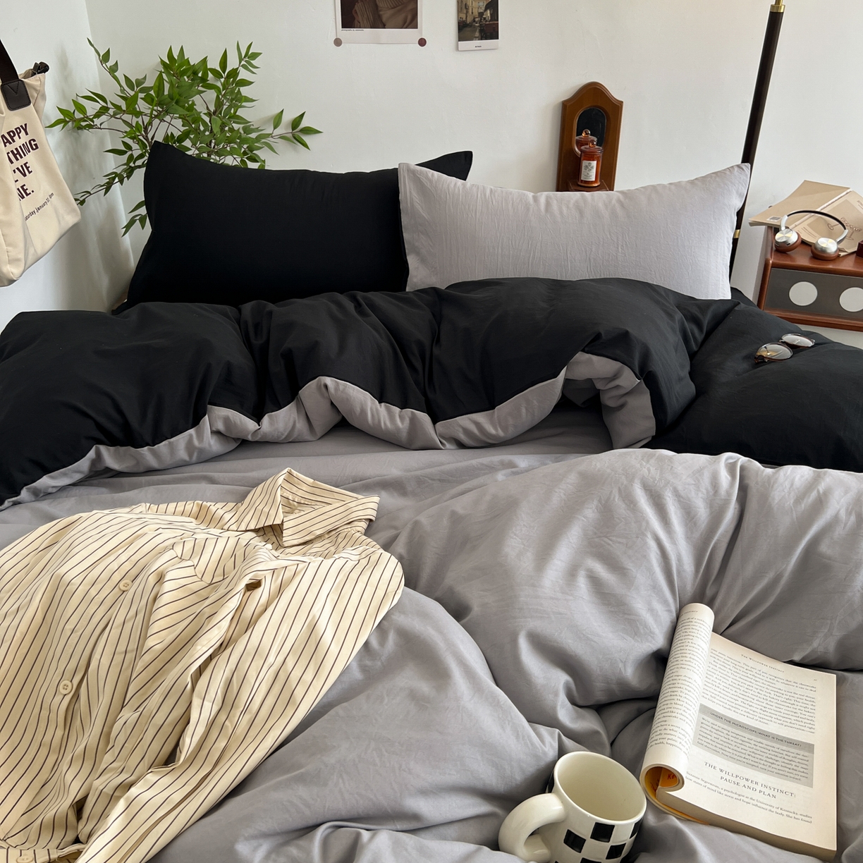 91家纺网 家纺一手货源 找家纺 梦嘉居 2026新款亲肤纯色AB版水洗皱皱棉四件套学生宿舍床单床笠三件套 星空灰+暗夜黑
