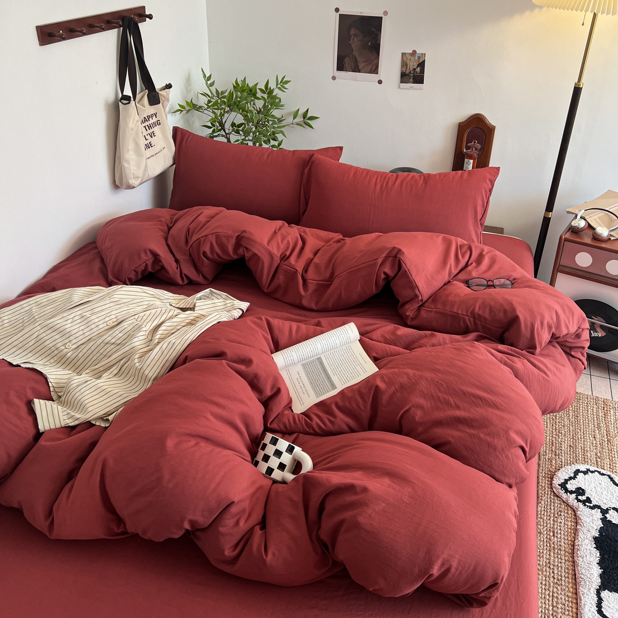 梦嘉居 2026新款亲肤纯色AB版水洗皱皱棉四件套学生宿舍床单床笠三件套 洋气红