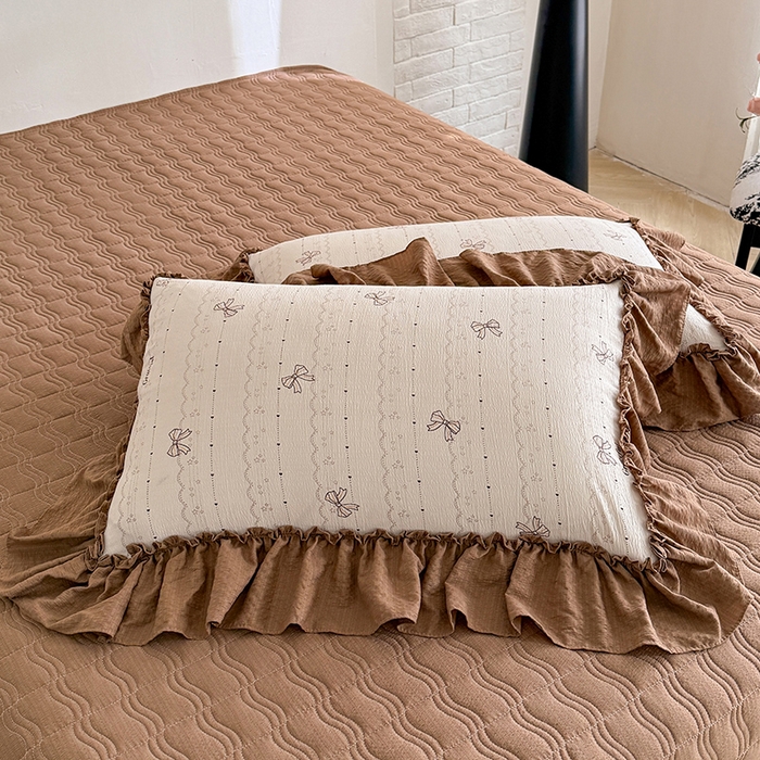 91家纺网 家纺一手货源 找家纺 （总）金盛皇朝家纺 2026新款（焦糖系列）双层纱水洗棉 法式复古花边床盖单件三件四件套