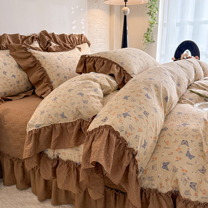 91家纺网 家纺一手货源 找家纺 （总）金盛皇朝家纺 2026新款（焦糖系列）双层纱水洗棉 法式复古花边床盖单件三件四件套