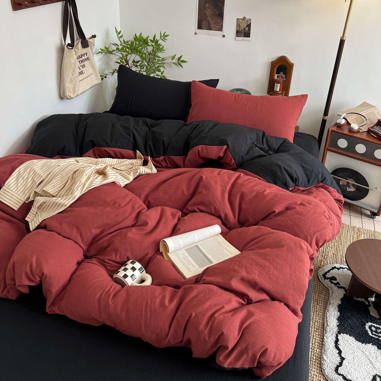 梦嘉居 2026新款亲肤纯色AB版水洗皱皱棉四件套学生宿舍床单床笠三件套 洋气红+暗夜黑