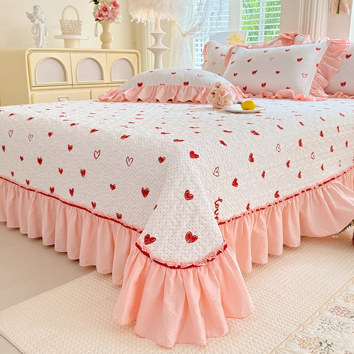 91家纺网 家纺一手货源 找家纺 （总）贝凯瑞 2026新款双层纱水洗棉法式复古花边床盖单件三件四件套-甜心