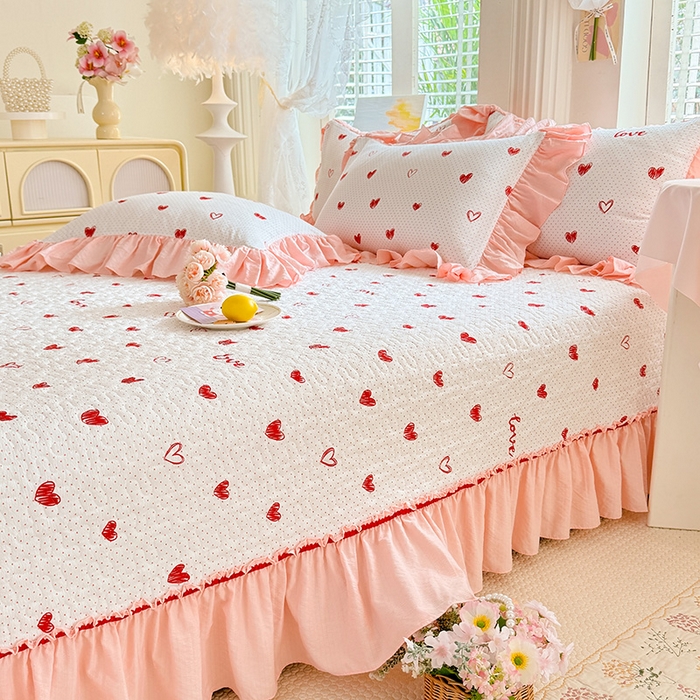 91家纺网 家纺一手货源 找家纺 （总）贝凯瑞 2026新款双层纱水洗棉法式复古花边床盖单件三件四件套-甜心