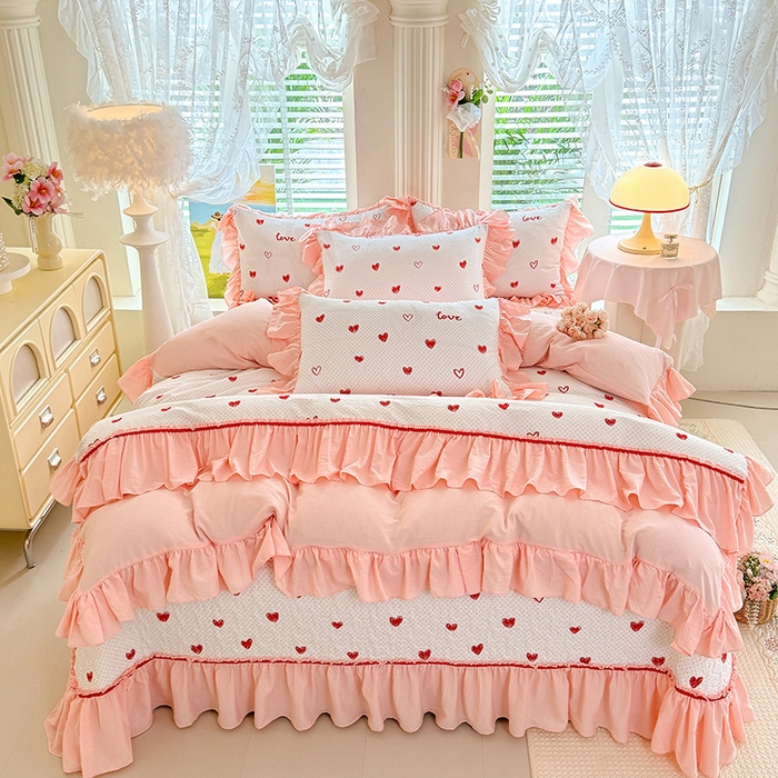 91家纺网 家纺一手货源 找家纺 （总）贝凯瑞 2026新款双层纱水洗棉法式复古花边床盖单件三件四件套-甜心