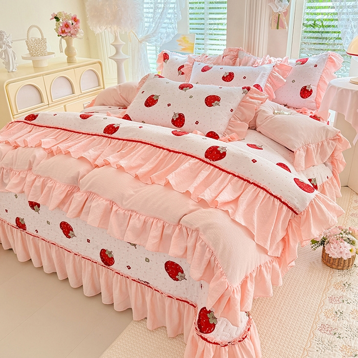 91家纺网 家纺一手货源 找家纺 （总）贝凯瑞 2026新款双层纱水洗棉法式复古花边床盖单件三件四件套-甜心