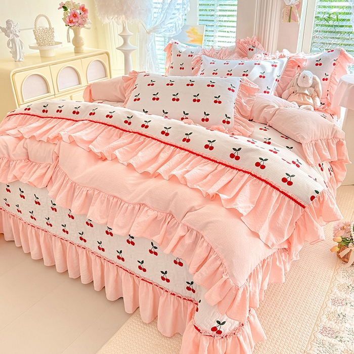 贝凯瑞 2026新款双层纱水洗棉法式复古花边床盖单件三件四件套-甜心 甜心樱桃