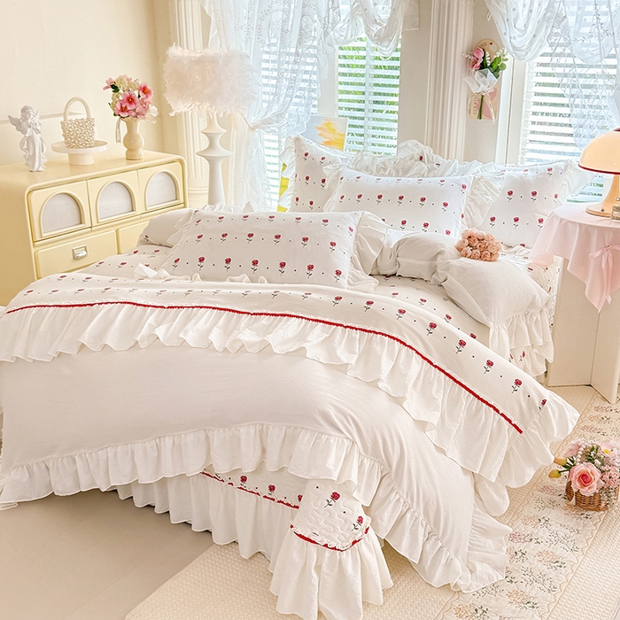 91家纺网 家纺一手货源 找家纺 贝凯瑞 2026新款双层纱水洗棉法式复古花边床盖单件三件四件套-甜心 甜心独秀