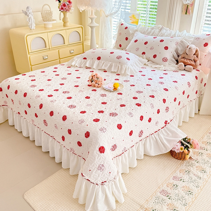 91家纺网 家纺一手货源 找家纺 贝凯瑞 2026新款双层纱水洗棉法式复古花边床盖单件三件四件套-甜心 甜心玫瑰