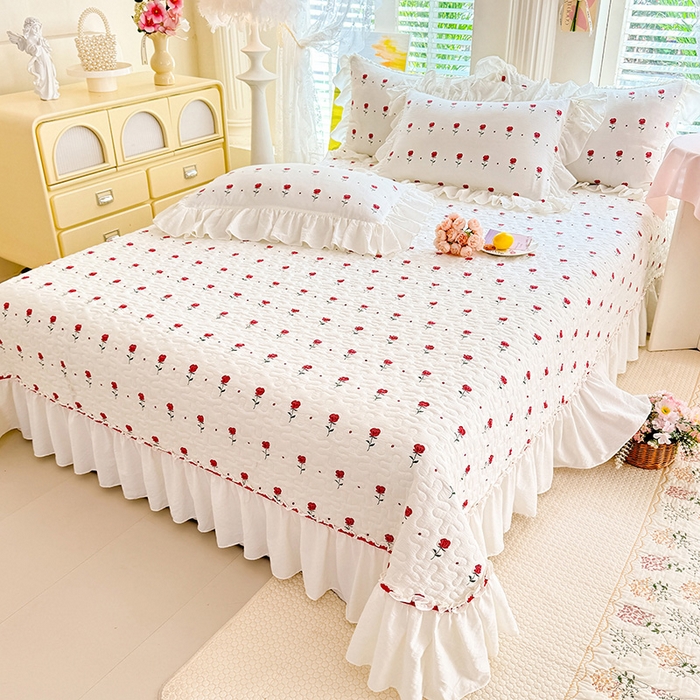 91家纺网 家纺一手货源 找家纺 贝凯瑞 2026新款双层纱水洗棉法式复古花边床盖单件三件四件套-甜心 甜心独秀