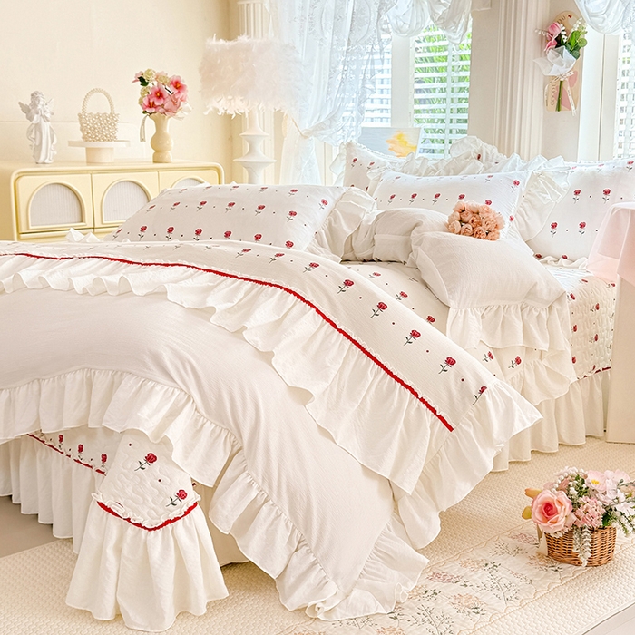 91家纺网 家纺一手货源 找家纺 贝凯瑞 2026新款双层纱水洗棉法式复古花边床盖单件三件四件套-甜心 甜心独秀