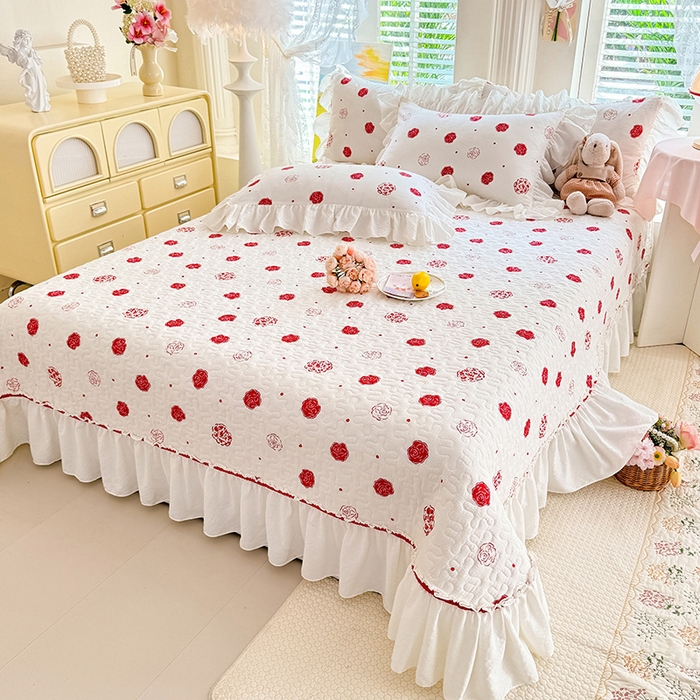 91家纺网 家纺一手货源 找家纺 贝凯瑞 2026新款双层纱水洗棉法式复古花边床盖单件三件四件套-甜心 甜心玫瑰