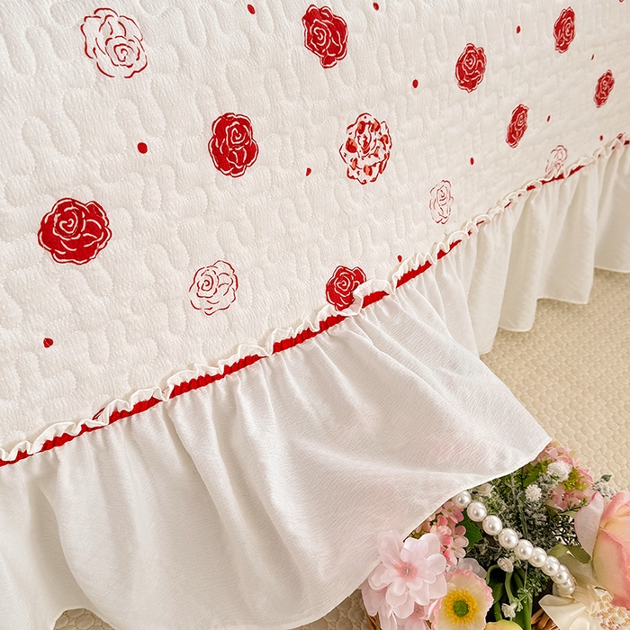 91家纺网 家纺一手货源 找家纺 贝凯瑞 2026新款双层纱水洗棉法式复古花边床盖单件三件四件套-甜心 甜心玫瑰