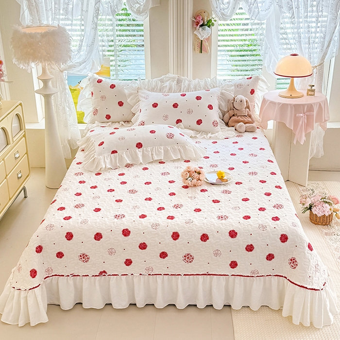 91家纺网 家纺一手货源 找家纺 贝凯瑞 2026新款双层纱水洗棉法式复古花边床盖单件三件四件套-甜心 甜心玫瑰