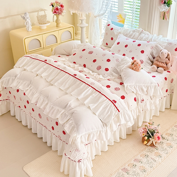 91家纺网 家纺一手货源 找家纺 贝凯瑞 2026新款双层纱水洗棉法式复古花边床盖单件三件四件套-甜心 甜心玫瑰