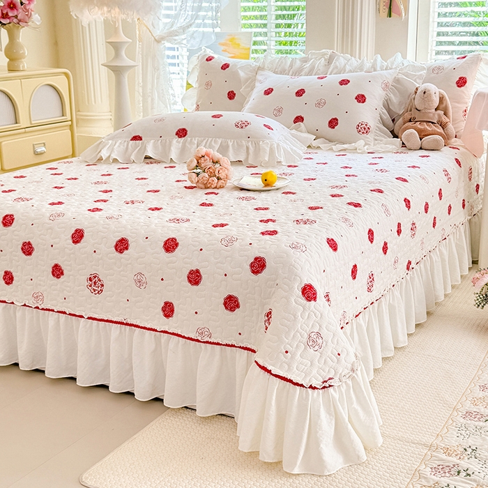 91家纺网 家纺一手货源 找家纺 贝凯瑞 2026新款双层纱水洗棉法式复古花边床盖单件三件四件套-甜心 甜心玫瑰