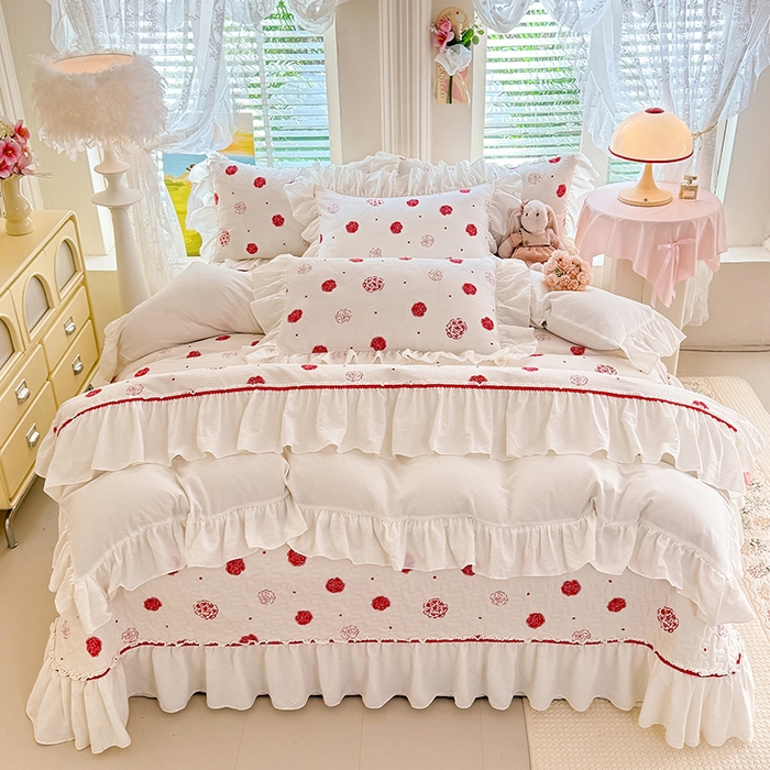 91家纺网 家纺一手货源 找家纺 贝凯瑞 2026新款双层纱水洗棉法式复古花边床盖单件三件四件套-甜心 甜心玫瑰