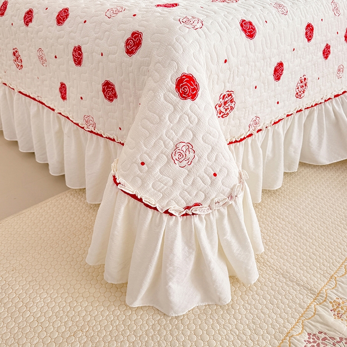 91家纺网 家纺一手货源 找家纺 贝凯瑞 2026新款双层纱水洗棉法式复古花边床盖单件三件四件套-甜心 甜心玫瑰