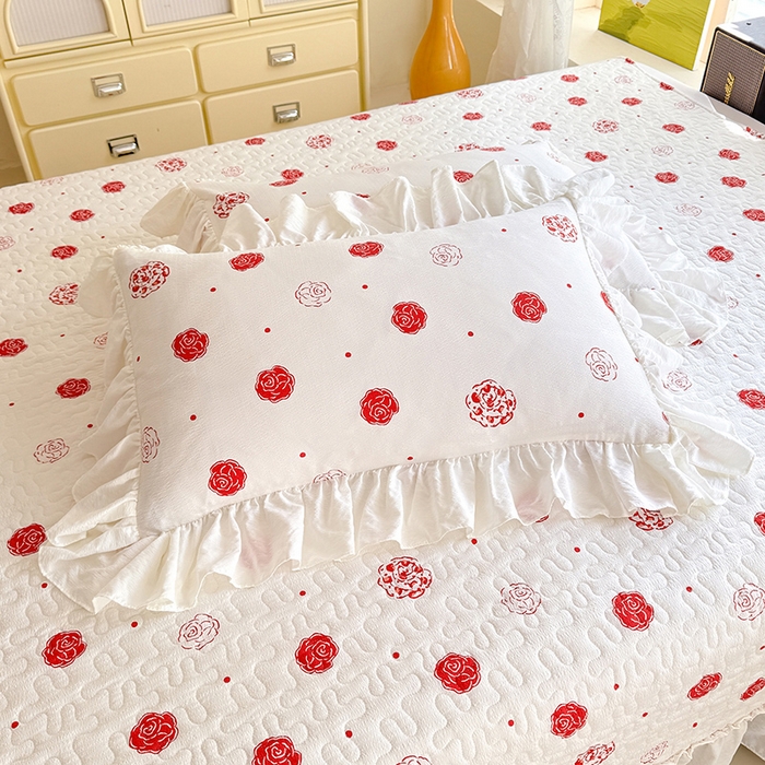 91家纺网 家纺一手货源 找家纺 贝凯瑞 2026新款双层纱水洗棉法式复古花边床盖单件三件四件套-甜心 甜心玫瑰