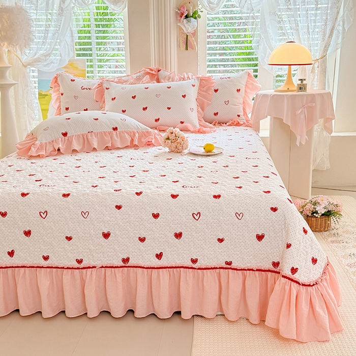 91家纺网 家纺一手货源 找家纺 （总）金盛皇朝家纺 2026新款双层纱水洗棉法式复古花边床盖单件三件四件套-甜心