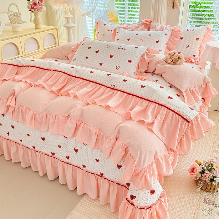 91家纺网 家纺一手货源 找家纺 （总）金盛皇朝家纺 2026新款双层纱水洗棉法式复古花边床盖单件三件四件套-甜心