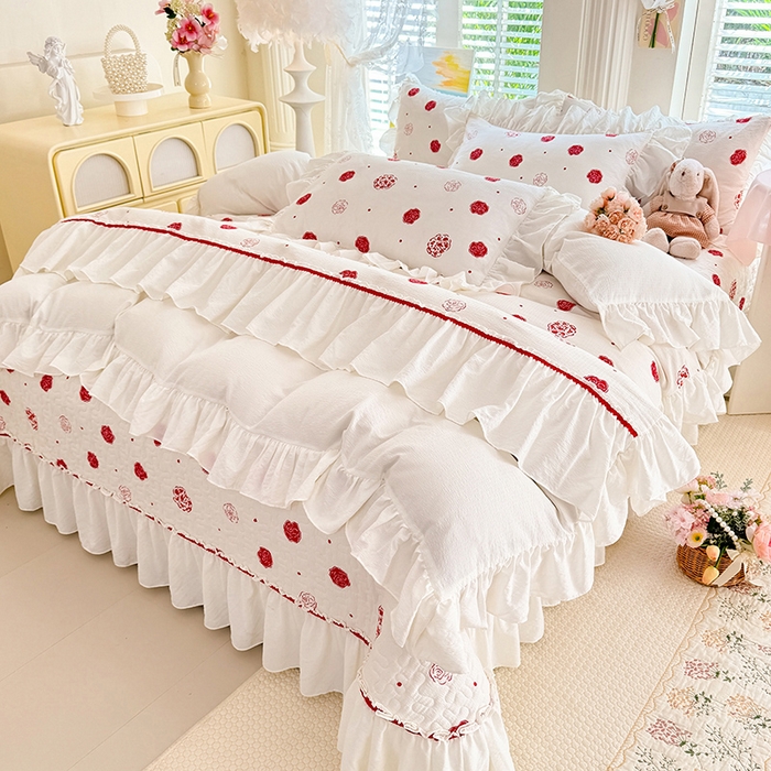 91家纺网 家纺一手货源 找家纺 （总）金盛皇朝家纺 2026新款双层纱水洗棉法式复古花边床盖单件三件四件套-甜心