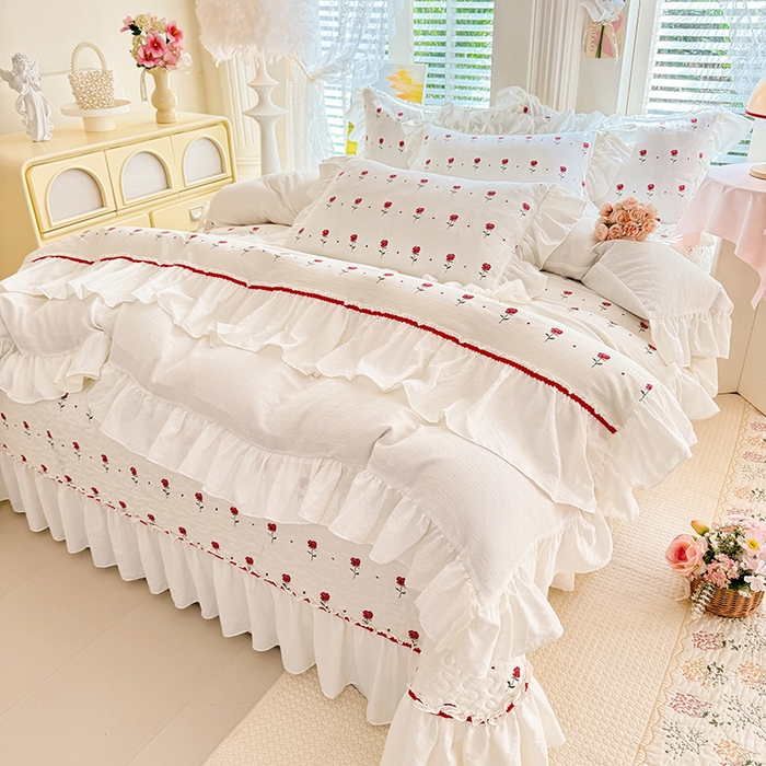 91家纺网 家纺一手货源 找家纺 （总）金盛皇朝家纺 2026新款双层纱水洗棉法式复古花边床盖单件三件四件套-甜心