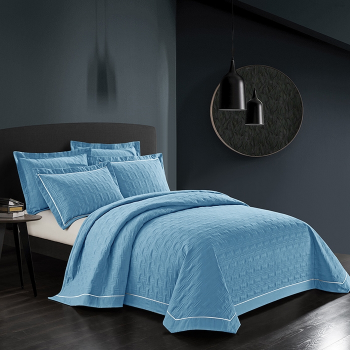 91家纺网 家纺一手货源 找家纺 优乐家纺 2026新款双面全棉斜纹绗绣加厚床盖（夏被加厚保暖床单）唐顿系列三件套 唐顿-冰川蓝