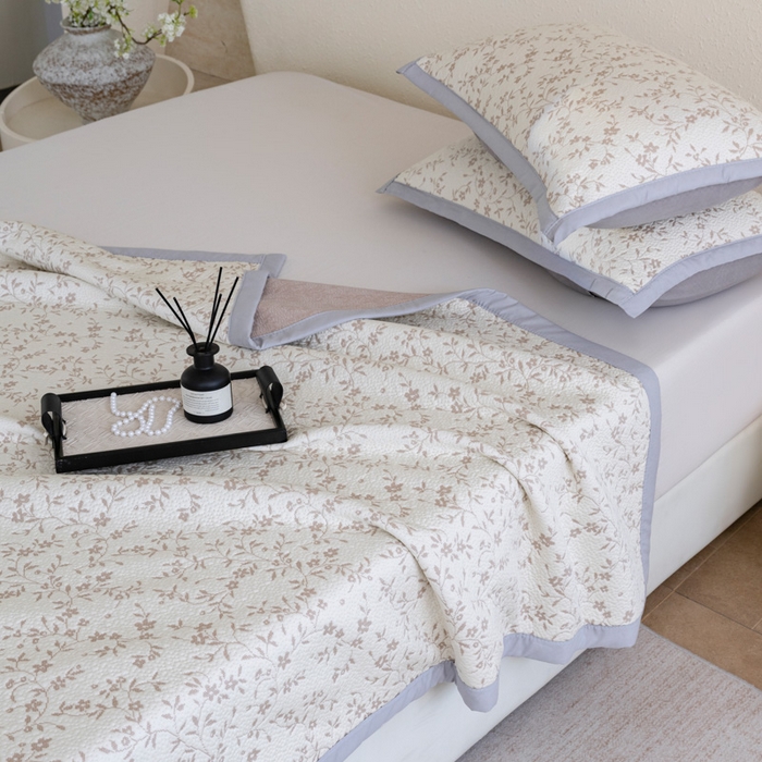 91家纺网 家纺一手货源 找家纺 野合家纺 2026新款韩式小碎花凉感超柔双面提花冰豆席凉席席子 疏影-咖