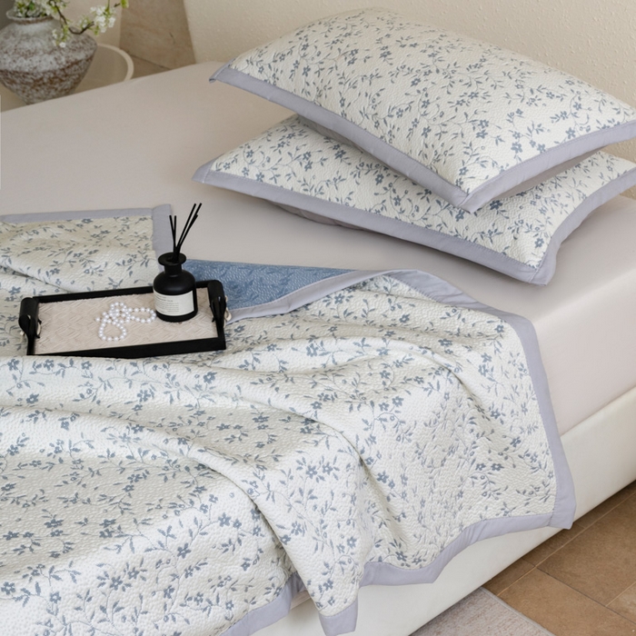 91家纺网 家纺一手货源 找家纺 野合家纺 2026新款韩式小碎花凉感超柔双面提花冰豆席凉席席子 疏影-蓝