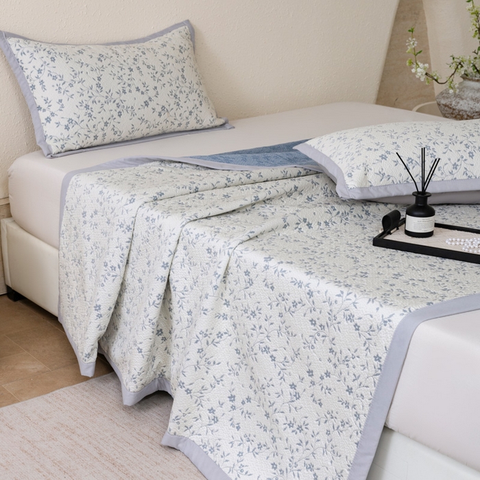 91家纺网 家纺一手货源 找家纺 野合家纺 2026新款韩式小碎花凉感超柔双面提花冰豆席凉席席子 疏影-蓝