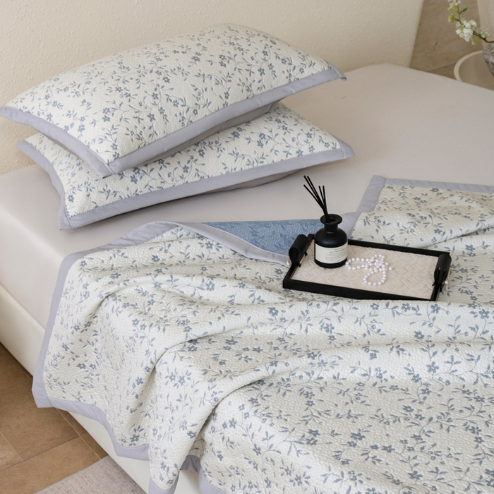 91家纺网 家纺一手货源 找家纺 野合家纺 2026新款韩式小碎花凉感超柔双面提花冰豆席凉席席子 疏影-蓝