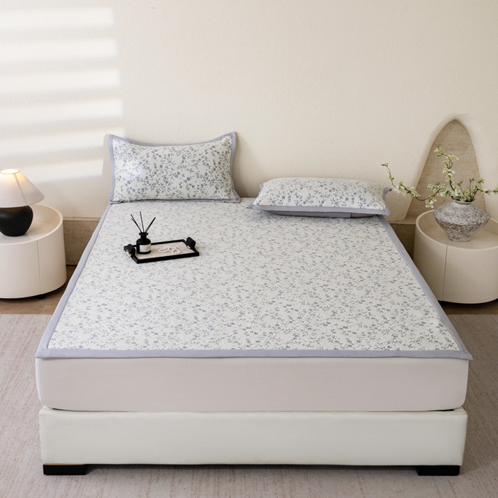 91家纺网 家纺一手货源 找家纺 野合家纺 2026新款韩式小碎花凉感超柔双面提花冰豆席凉席席子 疏影-蓝