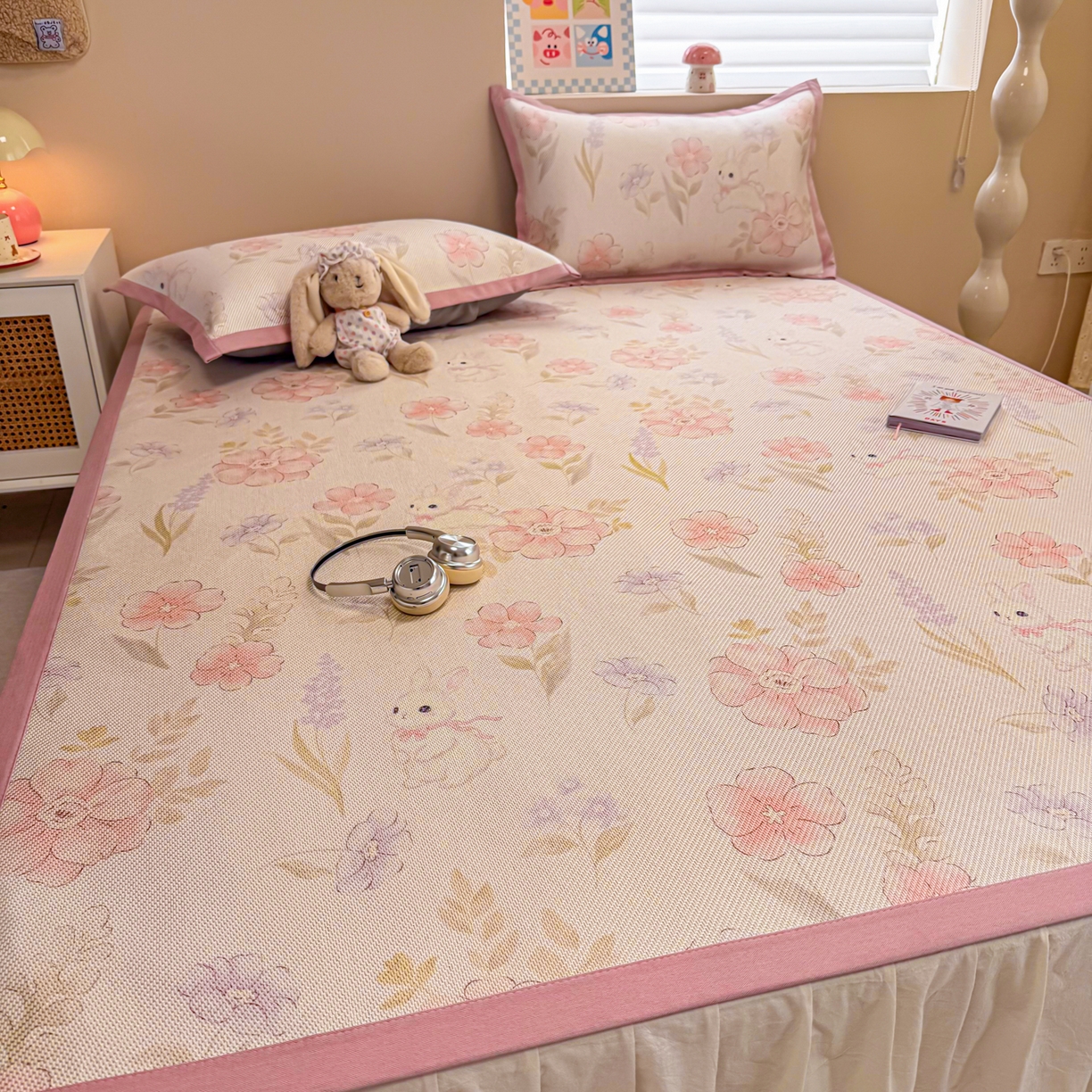 91家纺网 家纺一手货源 找家纺 沐慕 2026新款高克重600D冰丝印花冰藤席 冰藤-粉花兔语