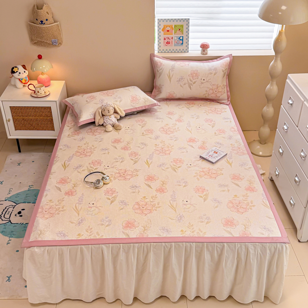 91家纺网 家纺一手货源 找家纺 沐慕 2026新款高克重600D冰丝印花冰藤席 冰藤-粉花兔语