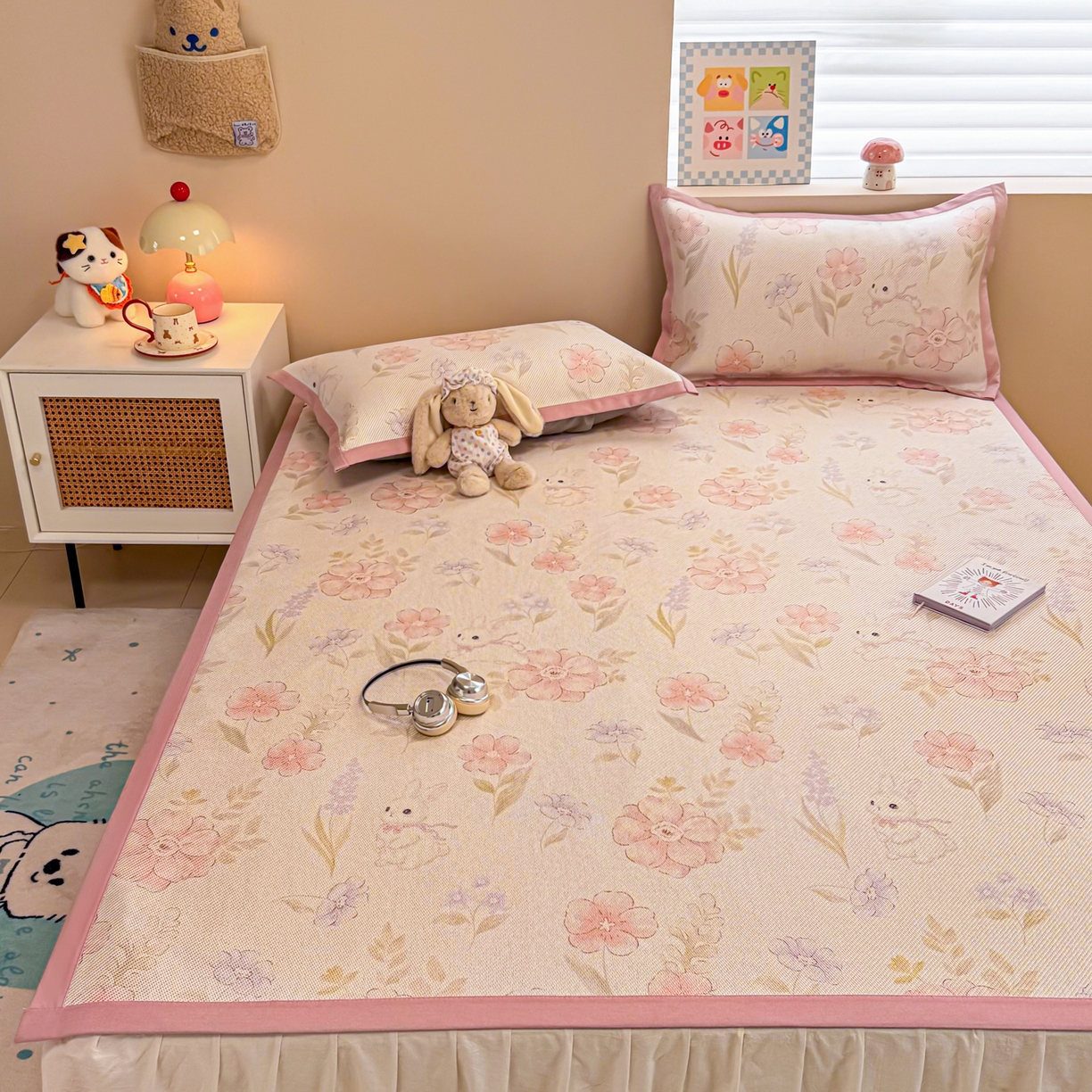 91家纺网 家纺一手货源 找家纺 沐慕 2026新款高克重600D冰丝印花冰藤席 冰藤-粉花兔语