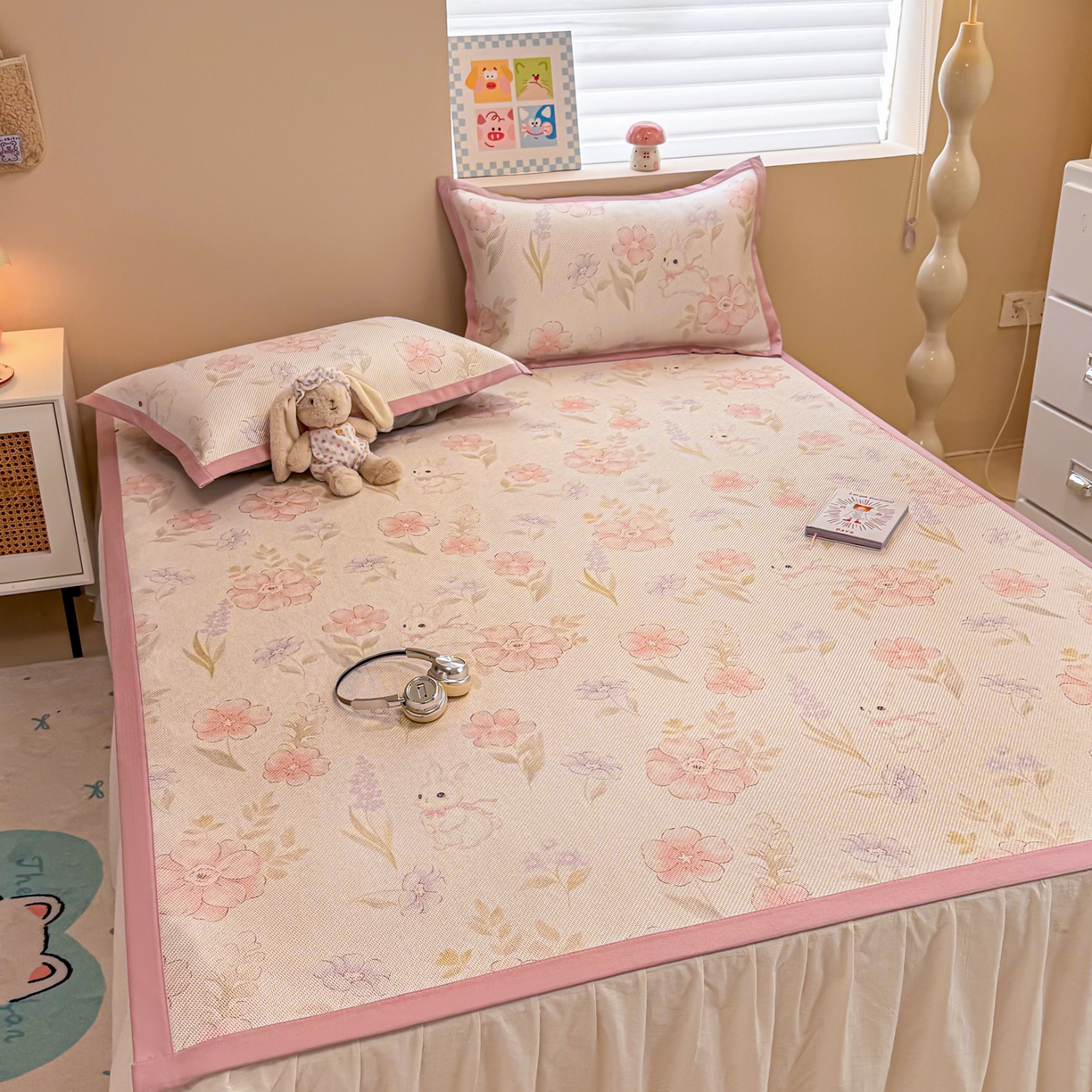 91家纺网 家纺一手货源 找家纺 沐慕 2026新款高克重600D冰丝印花冰藤席 冰藤-粉花兔语