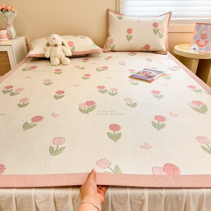 沐慕 2026新款高克重600D冰丝印花冰藤席 冰藤-粉嫩郁金香