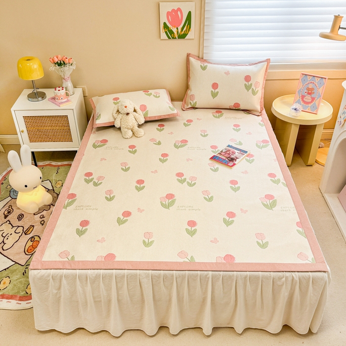 91家纺网 家纺一手货源 找家纺 沐慕 2026新款高克重600D冰丝印花冰藤席 冰藤-粉嫩郁金香