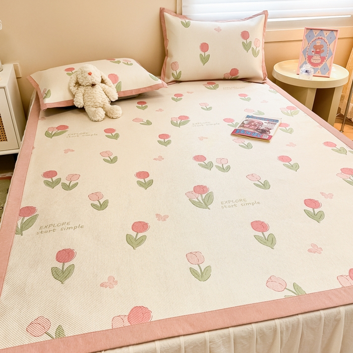 91家纺网 家纺一手货源 找家纺 沐慕 2026新款高克重600D冰丝印花冰藤席 冰藤-粉嫩郁金香