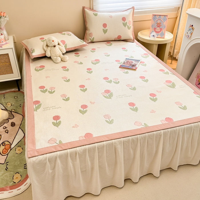 91家纺网 家纺一手货源 找家纺 沐慕 2026新款高克重600D冰丝印花冰藤席 冰藤-粉嫩郁金香