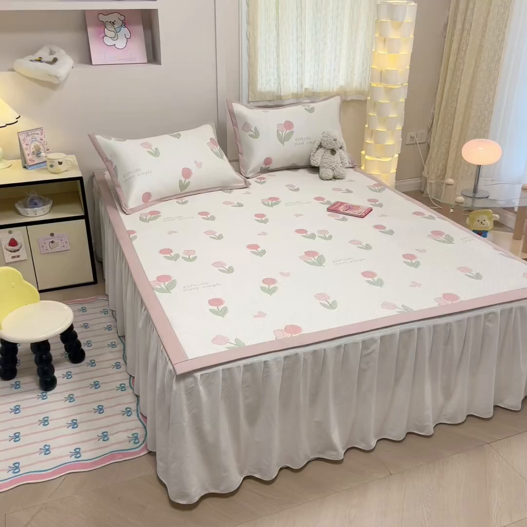 91家纺网 家纺一手货源 找家纺 沐慕 2026新款高克重600D冰丝印花冰藤席 冰藤-粉嫩郁金香