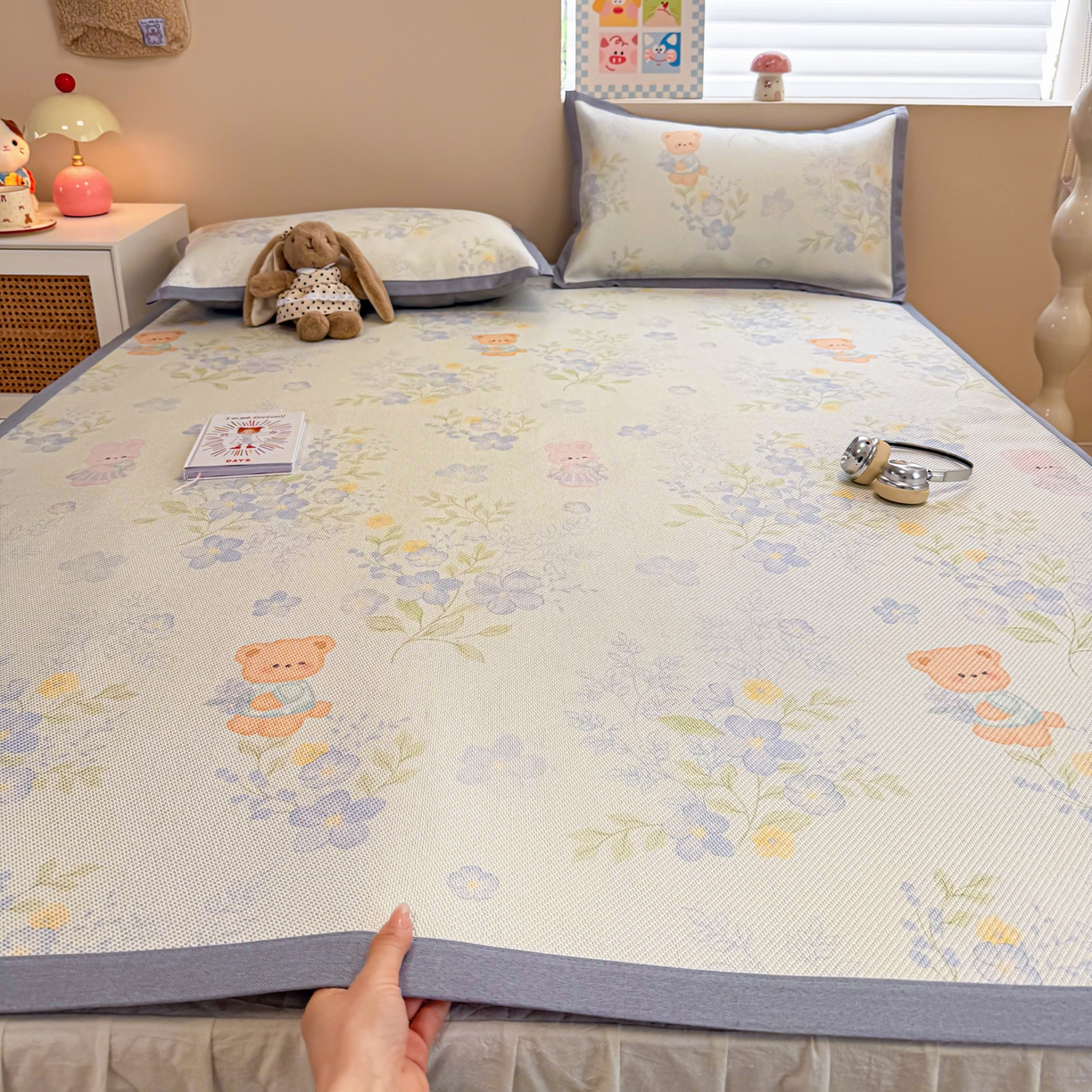 沐慕 2026新款高克重600D冰丝印花冰藤席 冰藤-蓝花小熊