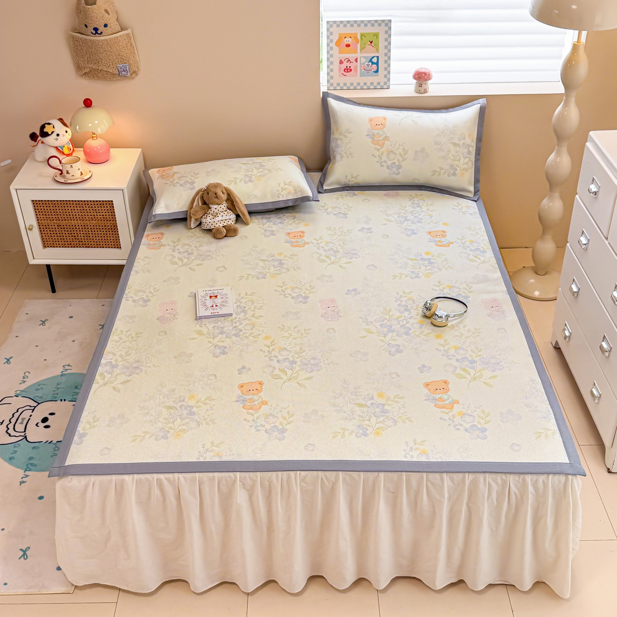 91家纺网 家纺一手货源 找家纺 沐慕 2026新款高克重600D冰丝印花冰藤席 冰藤-蓝花小熊