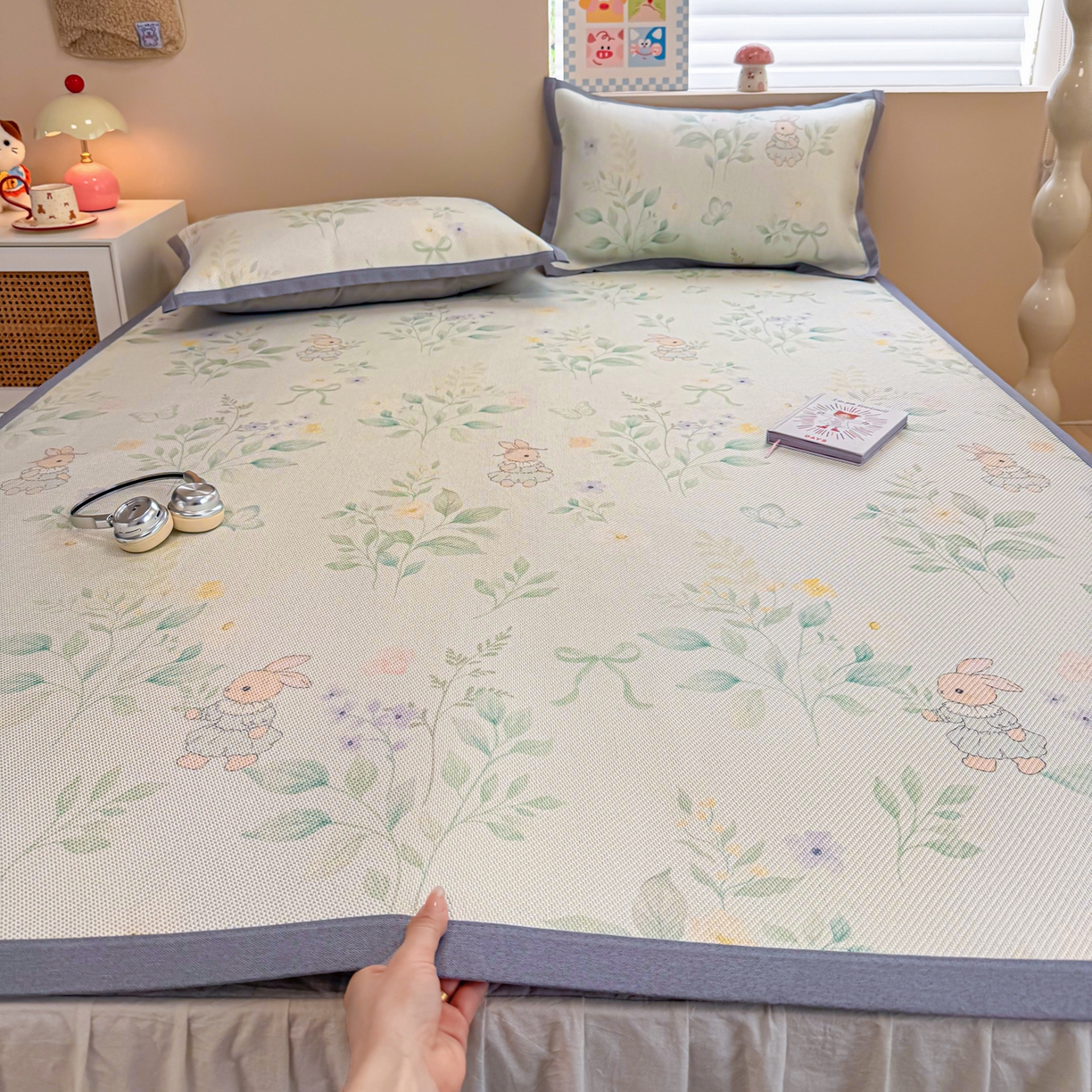 沐慕 2026新款高克重600D冰丝印花冰藤席 冰藤-绿野兔踪