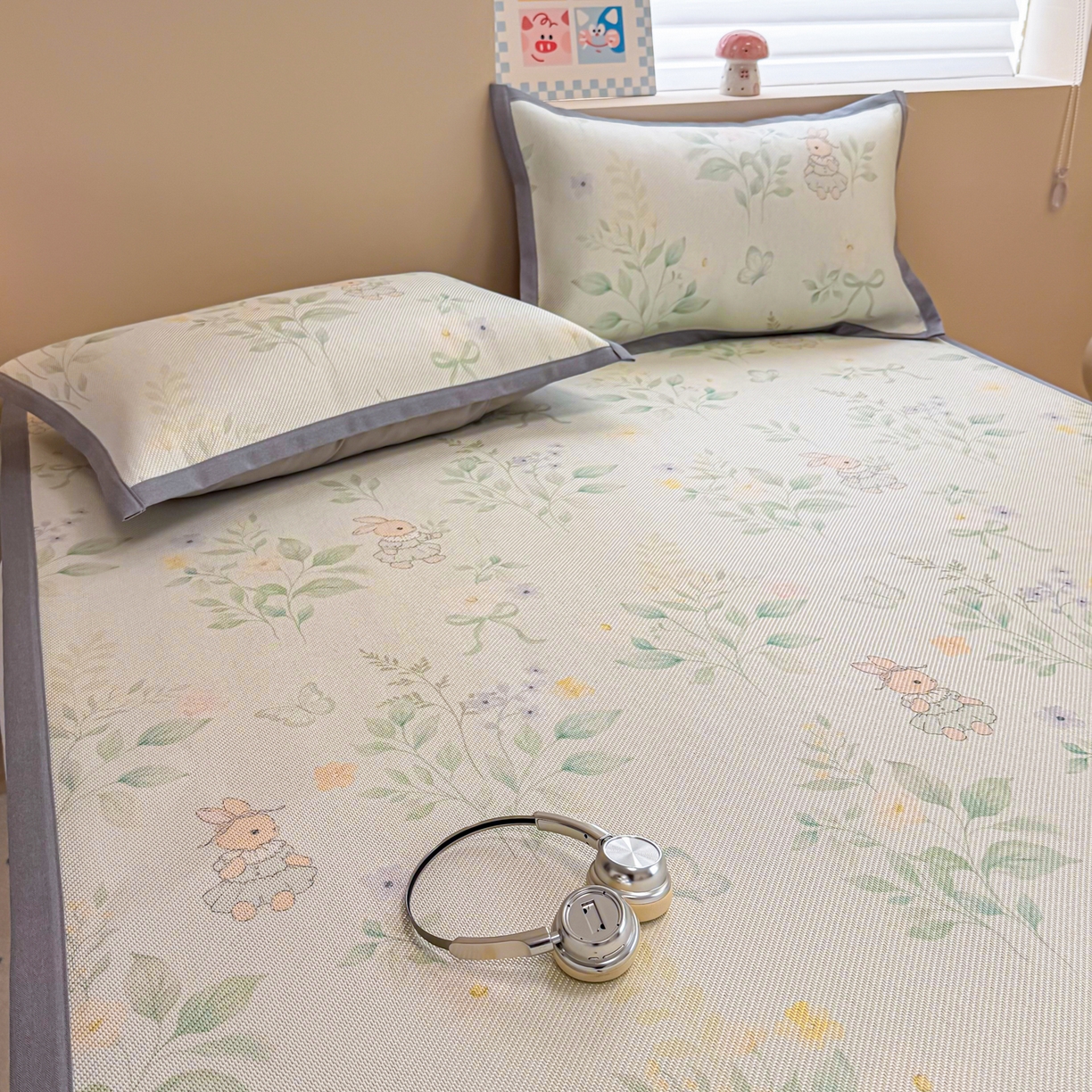 91家纺网 家纺一手货源 找家纺 沐慕 2026新款高克重600D冰丝印花冰藤席 冰藤-绿野兔踪